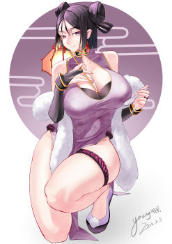 1girl absurdres alternate_hair_length alternate_hairstyle bare_shoulders breasts bridal_gauntlets china_dress chinese_clothes cleavage collarbone detached_sleeves double_bun dress fate/grand_order fate_(series) hair_bun highres kneeling lantern large_breasts looking_at_viewer minamoto_no_raikou_(fate) on_one_knee paper_lantern parted_bangs pelvic_curtain purple_eyes purple_hair smile solo thighs xdsama