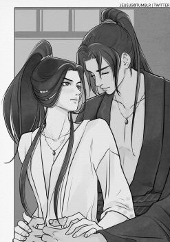 2boys artist_name black_hair border chinese_clothes chu_wanning closed_eyes closed_mouth commentary english_commentary erha_he_ta_de_bai_mao_shizun frown greyscale hands_on_another's_hands hands_on_another's_waist high_ponytail highres indoors jeusus jewelry long_hair male_focus mo_ran monochrome multiple_boys necklace open_clothes open_robe outside_border pectorals ponytail robe smile upper_body white_border yaoi
