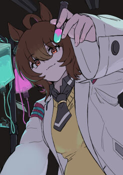 1girl agnes_tachyon_(tach-nology)_(umamusume) agnes_tachyon_(umamusume) ahoge arm_up black_background black_necktie black_shirt closed_mouth collared_shirt commentary_request hair_between_eyes holding holding_test_tube indoors intravenous_drip iv_stand long_sleeves looking_at_viewer necktie okimoto partial_commentary pen red_eyes shirt short_necktie smile solo sweater test_tube umamusume yellow_sweater