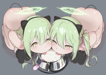 2girls absurdres all_fours animal_ears back bdsm blue_archive bowl cat_ears cat_paws condom cum cum_in_container fake_animal_ears gokkun green_eyes green_halo grey_background halo highres hikari_(blue_archive) loli long_hair multiple_girls nozomi_(blue_archive) pet_bowl pet_play rainnico simple_background slave stray_pubic_hair tongue tongue_out top-down_bottom-up twintails used_condom yellow_eyes
