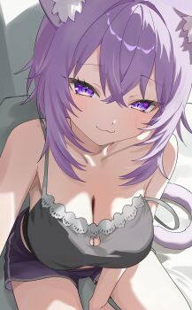 1girl :3 bare_arms breasts camisole cat cat_cutout cat_girl cat_tail cleavage closed_mouth clothing_cutout commentary_request crossed_bangs grey_camisole hair_between_eyes highres hololive large_breasts looking_at_viewer nekomata_okayu purple_eyes purple_hair purple_shorts selfie short_hair shorts sitting smile solo strap_slip tail tillots virtual_youtuber