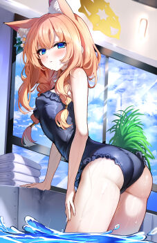 1girl absurdres animal_ear_fluff animal_ears ass black_one-piece_swimsuit blue_archive blue_eyes blush braid breasts casual_one-piece_swimsuit cat_ears cat_girl frilled_one-piece_swimsuit frills halo highres long_hair looking_at_viewer low_twin_braids mari_(blue_archive) mari_(swimsuit)_(blue_archive) official_alternate_costume official_alternate_hairstyle one-piece_swimsuit orange_hair pool poolside sak_(lemondisk) small_breasts solo swimsuit thighs towel twin_braids twisted_torso water wet yellow_halo