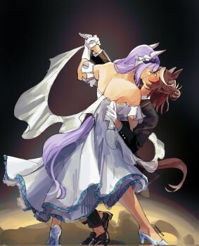 Rule 34 | 2girls, animal ears, ballroom dancing, ballroom gown, bare shoulders, black jacket, black pants, black suit, blush, brown hair, closed eyes, commentary, dancing, dress, ear flower, english commentary, flower, formal clothes, gloves, gown, hair between eyes, hair bun, hair flower, hair ornament, high heels, highres, horse ears, horse girl, horse tail, jacket, kiss, long hair, long sleeves, mejiro mcqueen (umamusume), multicolored hair, multiple girls, off-shoulder dress, off shoulder, pants, purple hair, shirt, shoes, streaked hair, suit, suit jacket, tail, tapeanna, tokai teio (umamusume), two-tone hair, umamusume, white dress, white gloves, white hair, white shirt, yuri