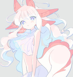 Rule 34 | 1girl, animal ears, axolotl girl, axolotl tail, blue eyes, blue skirt, bright pupils, commentary request, crop top, curly hair, extra ears, grey background, kinutani yutaka, long hair, looking at viewer, midriff, original, parted lips, pink hair, shirt, simple background, skirt, sleeveless, sleeveless shirt, solo, tail, upper body, very long hair
