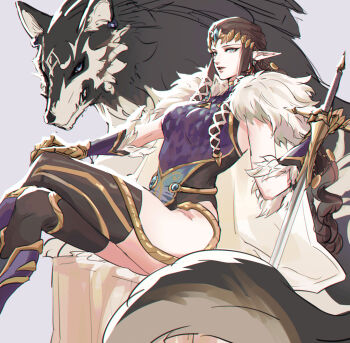 1boy 1girl animal braid breasts brown_hair crossover fenris_wolf_(marvel) highres kurokawa_karasu lady_loki large_breasts leotard link loki_(marvel) looking_at_viewer marvel marvel_rivals nintendo princess_zelda the_legend_of_zelda the_legend_of_zelda:_twilight_princess thighhighs thor_(marvel)_(series) wolf