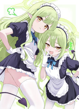 +++ 2girls :&lt; absurdres alternate_costume apron ass black_dress blue_archive blue_ribbon commentary_request demon_tail dress enmaided fang flat_chest gloves green_hair green_halo halo hand_on_own_hip highres hikari_(blue_archive) kakeian_(aiyoriaosi_00) long_hair looking_at_viewer maid maid_apron multiple_girls nozomi_(blue_archive) open_mouth pointy_ears puff_of_air puffy_short_sleeves puffy_sleeves ribbon short_sleeves siblings simple_background sisters skin_fang smile tail thighhighs twins twintails very_long_hair white_background white_gloves white_thighhighs wing_collar yellow_eyes
