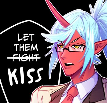 1girl blue_hair colored_skin commentary english_commentary english_text godzilla_(2014) godzilla_(series) horns kneesocks_(psg) monsterverse necktie open_mouth panty_&amp;_stocking_with_garterbelt pointy_ears ponytail red_necktie red_skin ringed_eyes single_horn sketchinventor solo yellow_eyes