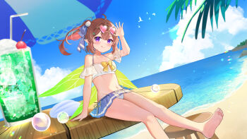1girl :q ahoge azna barefoot beach beach_umbrella blue_skirt bow brown_hair bubble cherry closed_mouth cloud collarbone colored_inner_hair commission drink drinking_straw fairy food fruit hair_ornament hairpin heart heart-shaped_eyewear highres indie_virtual_youtuber multicolored_hair nagisa_(vtuber) navel ocean on_table panties pantyshot pink-tinted_eyewear pink_hair pleated_skirt pom_pom_(clothes) pom_pom_hair_ornament purple_eyes skeb_commission skirt sky smile solo stomach striped_clothes striped_panties table tinted_eyewear tongue tongue_out umbrella underwear yellow_bow