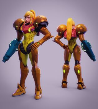 3d absurdres arm_cannon armor back blonde_hair fortnite hand_on_own_hip highres metroid model multiple_views nintendo ponytail power_armor power_suit_(metroid) samus_aran standing ta5tyy2 varia_suit weapon
