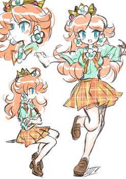 1girl absurdres blue_eyes brown_hair brown_shoes crossed_arms crown earrings flower_earrings highres jewelry long_hair mario_(series) nintendo open_mouth orange_skirt pleated_skirt princess_daisy rakugaki_shitagari-ya school_uniform shoes simple_background sitting skirt smile white_background