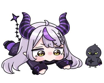 Rule 34 | 1girl, ahoge, black dress, blush, blush stickers, braid, braided bangs, brown eyes, chibi, commentary request, crow (la+ darknesss), demon horns, dress, green eyes, grey hair, hololive, horns, la+ darknesss, la+ darknesss (1st costume), long hair, long sleeves, lying, mochimiko, multicolored hair, nose blush, on stomach, pantyhose, purple hair, purple pantyhose, simple background, sleeves past wrists, streaked hair, very long hair, virtual youtuber, white background, yurie mouth