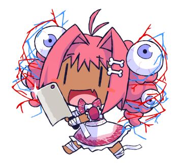 1girl 2000s_(style) :d antenna_hair bandaged_arm bandaged_leg bandages blush_stickers bow bowtie chibi chibi_only cleaver dark-skinned_female dark_skin detached_sleeves dress drill_hair dumbslime eyeball_hair_ornament fang faux_retro_artstyle flat_color food frills full_body gurokawa hair_intakes highres holding holding_cleaver meat meaty-chan medium_hair non-web_source official_art open_mouth pink_hair raw_meat red_bow red_bowtie red_dress simple_background skin_fang smile solo tooth transparent_background twin_drills twintails utau |_|
