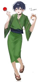 1boy :d black_choker black_eyes blue_hair blue_sash brown_sandals candy_apple chain chain_leash choker commentary english_commentary food full_body geta green_kimono hair_between_eyes hands_up happy_new_year highres holding holding_candy_apple holding_food holding_own_leash invisible_floor japanese_clothes kimono korean_commentary leash light_blush looking_at_viewer male_focus new_year no_pupils no_socks o-ring o-ring_choker open_mouth original raised_eyebrows ramiml17 sandals sash short_hair simple_background smile solo standing standing_on_one_leg teeth three-quarter_sleeves upper_teeth_only white_background wide_sleeves