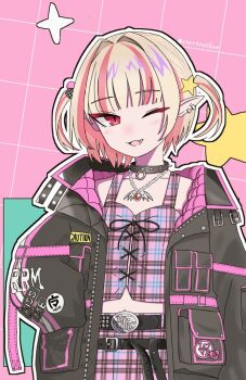 1girl ;d arm_belt belt belt_buckle black_belt black_collar black_jacket blunt_bangs blush buckle caution chain chain_necklace clothes_writing collar collarbone colored_inner_hair crop_top cross-laced_clothes cross-laced_top ear_cuffs fang grey_hair grid_background hair_bobbles hair_intakes hair_ornament hand_in_pocket jacket jewelry looking_at_viewer loose_belt makaino_ririmu makaino_ririmu_(6th_costume) midriff multicolored_hair multiple_belts navel necklace nijisanji no_headwear one_eye_closed open_clothes open_jacket open_mouth parted_lips pendant pink_background pink_belt pink_hair pink_jacket pink_skirt pink_streaks plaid_clothes plaid_skirt pleated_skirt pointy_ears red_eyes rrrrrrockun short_hair skirt smile solo spiked_collar spikes standing star_(symbol) star_hair_ornament streaked_hair studded_belt twitter_username two-sided_fabric two-sided_jacket two-tone_hair two_side_up unbuttoned unzipped upper_body virtual_youtuber wolf_cut