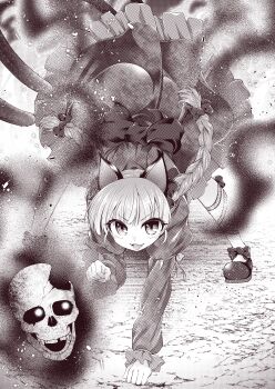 0-den 1girl absurdres all_fours animal_ears bow braid cat_ears cat_girl cat_tail commentary_request dress frilled_dress frills greyscale hair_bow highres kaenbyou_rin leg_ribbon long_sleeves looking_at_viewer monochrome multiple_tails open_mouth ribbon shoes side_braids skull solo tail touhou twin_braids two_tails v-shaped_eyebrows