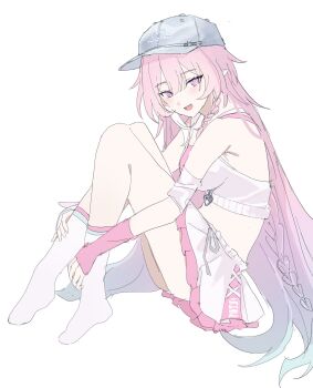 1girl aqua_hair baseball_cap blue_hat breasts crop_top cyrene_(anta)_(honkai:_star_rail) cyrene_(demiurge)_(honkai:_star_rail) cyrene_(honkai:_star_rail) diamond-shaped_pupils diamond_(shape) from_side hashtag-only_commentary hat highres honkai:_star_rail honkai_(series) large_breasts long_hair looking_at_viewer m_oyu_115 midriff miniskirt multicolored_hair no_shoes official_alternate_costume pink_hair pointy_ears purple_eyes simple_background skirt smile socks solo symbol-shaped_pupils very_long_hair white_background white_hair white_skirt white_socks