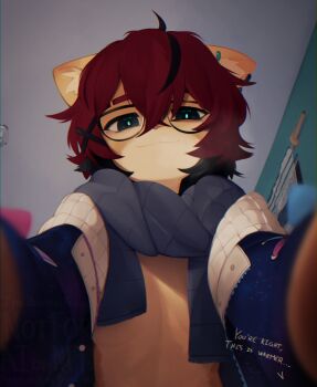 aeiou_(yoako) ahoge animal_ear_fluff animal_ears animal_nose aqua_eyes black-framed_eyewear black_hair black_scarf blurry breasts cat_ears cat_girl commentary convenient_censoring depth_of_field ear_piercing earclip english_commentary english_text from_below furry glasses hair_between_eyes highres indoors jacket long_sleeves looking_at_viewer looking_down meme multicolored_hair naked_jacket open_clothes open_jacket original piercing pov pov_cheek_warming_(meme) reaching reaching_towards_viewer red_eyes red_hair scarf scarf_over_breasts short_hair small_breasts smile streaked_hair symbol-shaped_pupils text_in_eyes two-tone_hair upper_body yoako