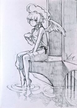 Rule 34 | 1boy, angel, angel wings, artist request, feet in water, halo, looking at viewer, original, sitting, solo, traditional media, water, wet, wings