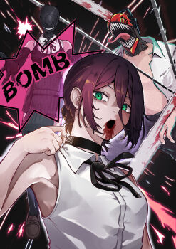 1boy 1girl absurdres apron black_apron black_choker black_ribbon blood blood_from_mouth bomb_devil_(chainsaw_man) chainsaw chainsaw_man chiwa_kotarou choker collared_shirt denji_(chainsaw_man) green_eyes grenade_pin hair_between_eyes hair_bun highres long_tongue neck_ribbon open_clothes open_mouth open_shirt purple_hair reze_(chainsaw_man) ribbon sharp_teeth shirt sleeveless sleeveless_shirt teeth tongue tongue_out white_shirt