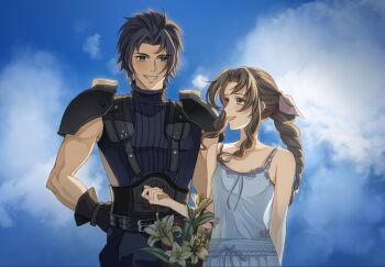 Rule 34 | 1boy, 1girl, aerith gainsborough, armor, bare shoulders, basket, belt, belt buckle, black gloves, black hair, blue eyes, blue sky, blue sweater, blush, braid, braided ponytail, brown hair, buckle, cloud, cloudy sky, crisis core: final fantasy vii, dress, drill hair, drill sidelocks, final fantasy, final fantasy vii, flower, gloves, green eyes, grin, hair ribbon, hashtag-only commentary, highres, holding, holding basket, long hair, looking at another, multiple belts, open mouth, parted lips, pink ribbon, ribbed sweater, ribbon, shoulder armor, sidelocks, sky, sleeveless, sleeveless turtleneck, smile, spiked hair, suspenders, sweater, timan2804823149, turtleneck, turtleneck sweater, upper body, white dress, yellow flower, zack fair