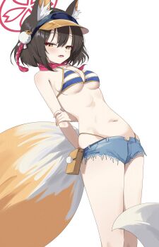 1girl absurdres animal_ear_fluff animal_ears arms_behind_back bare_arms bare_legs bikini bikini_bottom_under_shorts bikini_under_clothes blue_archive blue_bikini breasts brown_hair d_(delt4) denim denim_shorts eyeshadow fang fox_ears fox_girl fox_tail halo highres izuna_(blue_archive) izuna_(swimsuit)_(blue_archive) looking_at_viewer makeup medium_breasts medium_hair navel official_alternate_costume open_mouth red_eyeshadow red_halo red_scarf scarf short_shorts shorts simple_background skin_fang smile solo standing stomach striped_bikini striped_clothes swimsuit tail visor_cap white_background white_bikini yellow_eyes