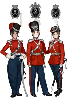 3girls absurdres aiguillette ammunition_pouch arm_behind_back baldric banner bearskin_cap black_bow blue_pants boots bow braid brown_eyes brown_hair buckle chin_strap clenched_hand clenched_teeth cockade comparison crown cyrillic dated double-headed_eagle epaulettes evolution expressionless full_body gloves grin hair_bow hand_on_own_hip hand_on_weapon hat high_collar highres holding holding_sword holding_weapon imperial_russian_army insignia jacket katyusha_(98269886) kepi lanyard leather leather_boots long_sleeves looking_at_viewer medal medium_hair miliary_uniform military military_hat military_uniform monogram multiple_girls napoleonic_wars original pants pipe_in_mouth plume pouch puffy_pants red_jacket red_trim riding_outfit russia russian_empire sash scabbard shako_cap shashka sheath shoulder_belt simple_background smile smoking_pipe spurs standing striped_clothes striped_pants sword sword_knot tassel teeth waist_sash weapon white_background white_epaulettes white_gloves white_sash world_war_i wreath yellow_eyes