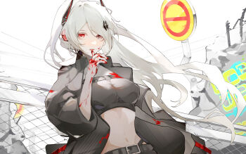 1girl alpha_(pgr) alternate_costume belt belt_buckle black_jacket black_pants black_tube_top blood blood_on_clothes blood_on_face blood_on_hands breasts buckle chain-link_fence chinese_commentary commentary_request eoo_eewei fence grey_eyes hair_ornament hairclip headgear heterochromia high_ponytail highres jacket linea_alba looking_at_viewer alpha:_crimson_abyss_(pgr) medium_breasts navel outdoors pants ponytail punishing:_gray_raven rebar red_eyes road_sign rubble sign solo stomach stop_sign strapless tube_top updo white_hair wiping_blood
