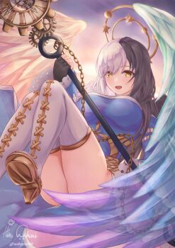 1girl absurdres analog_clock angel_day asymmetrical_wings black_gloves black_hair blue_dress blue_wings blush boots breasts cardinal_(ragnarok_online) clock commentary_request convenient_censoring dress feathered_wings fingerless_gloves frilled_sleeves frills full_body gears gloves gold_boots halo highres holding holding_staff large_breasts long_hair long_sleeves looking_at_viewer multicolored_boots multicolored_hair nekogenetic open_mouth ragnarok_online smile solo split-color_hair staff thigh_boots thighs two-tone_boots white_boots white_hair wings yellow_eyes yellow_halo yellow_wings