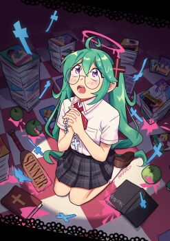 1girl ahoge apple bible_(object) black_skirt blush_stickers book book_stack bow bowtie breast_pocket brown_shoes checkered_floor collared_shirt commentary confessions_of_a_rotten_girl_(vocaloid) cross cross_hair_ornament cross_necklace death_note_(object) english_commentary food fruit fujoshi full_body green_apple green_hair hair_between_eyes hair_ornament halo hatsune_miku highres holding holding_cross jewelry loafers long_hair looking_up melting_halo necklace open_mouth own_hands_together papipomelo penny_loafers pink_halo plaid_clothes plaid_skirt pleated_skirt pocket pornography praying purple_eyes raised_inner_eyebrows red_bow red_bowtie round_eyewear seiza shirt shirt_tucked_in shoes sidelocks sitting skirt socks solo spotlight tears twintails twitter_username vocaloid white_shirt white_socks yaoi_(object)