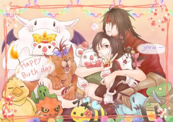 1boy 1girl animal bare_arms bee blue_bow bomb_(final_fantasy) bow box brown_eyes bug cait_sith_(final_fantasy) cape cat chocobo clawed_gauntlets cloak creature crop_top crown final_fantasy final_fantasy_vii gift gift_box gloves green_shirt grey_shorts grin hair_between_eyes happy_birthday headband highres holding holding_gift insect long_hair midriff mini_crown moogle msa_mne red_cape red_cloak red_eyes red_headband red_xiii sabotender scar scar_across_eye scar_on_face shirt short_hair shorts smile teeth tonberry tuxedo_cat upper_body v vincent_valentine white_gloves yuffie_kisaragi