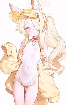 1girl animal_ear_fluff animal_ears armpit_crease bare_arms bare_legs bare_shoulders blonde_hair blue_archive blush breasts bright_pupils choker closed_mouth collarbone covered_navel cross_halo diamond_cutout expressionless extra_ears flower forehead fox_ears fox_girl fymrie gluteal_fold gradient_eyes groin hair_flower hair_ornament hair_over_one_eye halo hand_up hashtag-only_commentary highleg highleg_one-piece_swimsuit highres jacket loli long_bangs long_hair long_sidelocks long_sleeves looking_at_viewer multicolored_eyes off_shoulder official_alternate_costume official_alternate_hairstyle one-piece_swimsuit one_eye_covered parted_bangs pink_eyes raised_eyebrows red_choker seia_(blue_archive) seia_(swimsuit)_(blue_archive) side_ponytail sidelocks simple_background sleeves_past_fingers sleeves_past_wrists small_breasts solo standing sweat swimsuit thigh_gap thighs tilted_head very_long_hair visor_cap wet white_background white_one-piece_swimsuit white_pupils yellow_eyes yellow_halo yellow_jacket yellow_visor