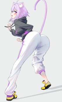 1girl :d absurdres ahoge animal_ears ass besi_(besidoesart) cat_ears cat_girl cat_tail commentary double-parted_bangs fang from_behind full_body grey_hoodie hair_between_eyes highres hololive hood hoodie looking_at_viewer looking_back nekomata_okayu nekomata_okayu_(1st_costume) open_mouth pants pantylines purple_eyes purple_hair shoes short_hair simple_background skin_fang smile sneakers solo sweatpants tail virtual_youtuber white_background white_pants yellow_shoes