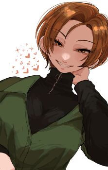 1girl absurdres black_shirt commentary_request earrings grin hand_up heart highres jewelry koucha_(pankeki_koucha) long_neck long_sleeves original piercing shirt short_hair smile stud_earrings tomboy upper_body white_background zipper