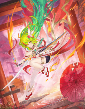 1girl braid fire floating flower green_hair hair_flower hair_ornament highres japanese_clothes katana long_hair miko multicolored_hair oil-paper_umbrella original pantyhose red_sandals sandals shrine single_braid solo streaked_hair sword tachi_(weapon) temple thighhighs umbrella very_long_hair weapon white_pantyhose white_thighhighs yellow_eyes yizhibao
