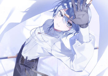 Rule 34 | 1girl, absurdres, arm up, black gloves, black pants, blue eyes, blue hair, bob cut, commentary, double-parted bangs, english commentary, gang h, gloves, grin, hair between eyes, highres, holding, hololive, hoshimachi suisei, hoshimachi suisei (spectra of nova), jewelry, looking at viewer, necklace, official alternate costume, official alternate hairstyle, pants, shirt, shirt tucked in, short hair, smile, solo, star (symbol), star in eye, symbol in eye, virtual youtuber, white shirt