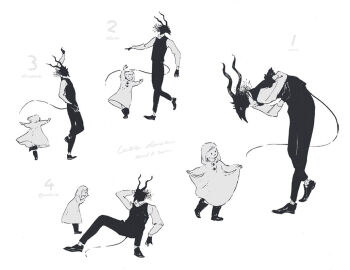 1boy 1girl bow child curtsey dancing dress furry furry_male greyscale horns monochrome multiple_views nagabe sensei_(totsukuni_no_shoujo) shiva_(totsukuni_no_shoujo) short_hair simple_background skirt_hold tail totsukuni_no_shoujo vest white_background