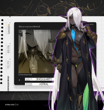 1girl arm_at_side black_coat blue_necktie blush breasts coat dark-skinned_female dark_elf dark_skin elf english_text feet_out_of_frame gebijiade_89 gold_trim groin hair_over_one_eye hand_in_own_hair hand_up highres huge_breasts lipgloss long_hair long_pointy_ears navel necktie notched_ear orange_eyes original outside_border pointy_ears sleeves_past_wrists thigh_gap very_long_hair white_hair zoom_layer