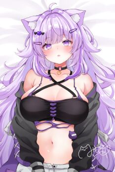 1girl ahoge animal_ear_fluff animal_ears black_choker black_jacket black_shirt blush breasts cat_ears cat_girl cat_o-ring choker hair_ornament hairpin halterneck highres hololive jacket large_breasts long_hair looking_at_viewer mimori_(mim0_ri) navel nekomata_okayu nekomata_okayu_(personya_respect) o-ring o-ring_choker official_alternate_costume official_alternate_hair_length official_alternate_hairstyle open_mouth purple_eyes purple_hair shirt shorts solo very_long_hair virtual_youtuber white_shorts