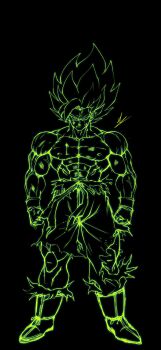 1boy black_background boots dragon_ball dragonball_z full_body green_theme highres lineart male_focus mike20030722 monochrome muscular muscular_male pants simple_background solo son_goku spiked_hair standing super_saiyan super_saiyan_1 topless_male torn_clothes torn_pants