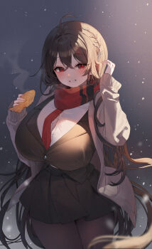 1girl ahoge black_background black_hair black_pantyhose black_skirt breasts button_gap crossed_bangs food gradient_background grey_sweater hair_between_eyes hair_ornament hayan highres holding holding_food huge_breasts long_hair looking_at_viewer necktie original pantyhose red_eyes red_necktie red_scarf scarf shirt skirt smile snow solo sweater very_long_hair white_shirt