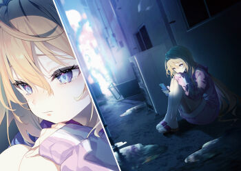 1girl alley bare_legs blonde_hair blue_eyes character_request closed_mouth cowlick eyelashes hair_between_eyes holding holding_phone jacket long_hair long_sleeves mata_korosarete_shimatta_nodesune_tantei-sama novel_illustration official_art phone puddle purple_jacket riichu sandals second-party_source shadow sleeves_past_wrists solo tearing_up toes