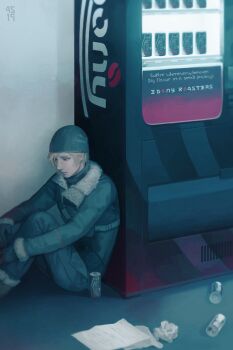 1boy blonde_hair blue_eyes can canned_coffee commentary commentary_request crumpled_paper driftwoodwolf drink_can english_commentary english_text final_fantasy final_fantasy_xv hat jacket long_sleeves male_focus mixed-language_commentary paper prompto_argentum sitting solo vending_machine