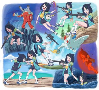 &gt;_&lt; 1girl ^^^ axe blastoise clone cloud coat commentary_request gen_1_pokemon gen_4_pokemon gen_7_pokemon green_coat guncannon gundam high-waist_shorts highres holding holding_weapon liko_(pokemon) mobile_suit_gundam motion_lines multiple_views nintendo open_clothes open_coat outdoors pokemoa pokemon pokemon_(anime) pokemon_(creature) pokemon_horizons punching raised_eyebrows rx-78-2_gundam scene_reference shoes shorts shoving sky socks togedemaru togekiss tree weapon white_footwear white_socks x_x yellow_bag zaku_ii