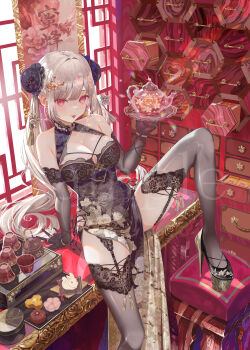 1girl armpit_crease bare_shoulders black_dress black_panties black_sandals breasts brown_gloves brown_thighhighs bun_cover china_dress chinese_clothes cleavage cleavage_cutout closed_mouth clothing_cutout commentary_request copyright_request double_bun dress earrings elbow_gloves floral_print garter_straps gloves hair_bun hair_ornament high_heels highres hip_vent ito_lab jewelry lace lace-trimmed_thighhighs lace_trim large_breasts leg_up long_hair looking_at_viewer original panties panties_visible_through_clothes pelvic_curtain platform_sandals print_dress red_eyes sandals see-through_clothes see-through_dress side-tie_peek sidelocks sleeveless sleeveless_dress smile solo spaghetti_strap standing stool tassel tassel_hair_ornament teapot thighhighs thighs tongue tongue_out tray twintails underwear very_long_hair white_hair