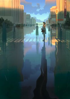 1girl bag black_hair building cloud coat commentary day denis_istomin different_reflection english_commentary from_side grey_coat long_sleeves original outdoors people reflection scenery shoulder_bag sky solo_focus standing star_(sky) urban wide_shot