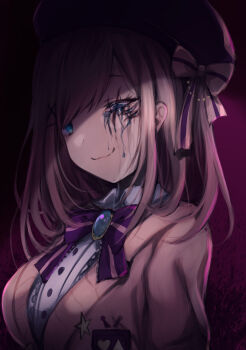 Rule 34 | 1girl, beret, blood, blue blood, blue eyes, brown hair, cardigan, colored blood, extra eyes, female focus, frilled shirt, frills, hair ornament, hairclip, hat, highres, horror (theme), jewelry, nijisanji, ribbon, scar, scar across eye, scar on face, shimo (depthbomb), shirt, smile, solo, suzuhara lulu, upper body, virtual youtuber