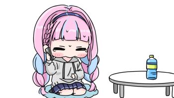 1girl blue_hair blue_skirt bottle braid cellphone chibi closed_eyes drawstring grey_hoodie hairband highres holding holding_phone hololive hood hood_down hoodie long_hair long_sleeves low_twintails minato_aqua mochimiko multicolored_hair phone pink_hair pleated_skirt puffy_long_sleeves puffy_sleeves purple_hairband seiza simple_background sitting skirt solo table tears twin_braids twintails two-tone_hair very_long_hair virtual_youtuber water water_bottle white_background yurie_mouth