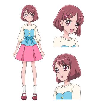 1girl :d :o blue_ribbon blunt_ends brown_eyes brown_hair cropped_torso flower full_body hair_flower hair_ornament hairclip hanadera_nodoka healin&#039;_good_precure looking_at_viewer multiple_expressions multiple_views official_art open_mouth pink_skirt pleated_skirt precure red_shoes ribbon second-party_source shirt shoes short_hair simple_background skirt smile socks standing transparent_background white_shirt white_socks