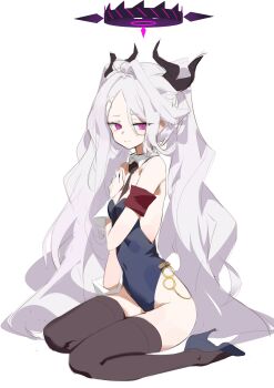 1girl absurdres alternate_costume armband black_halo black_horns black_necktie black_thighhighs blue_archive breasts collar covered_navel demon_girl demon_horns detached_collar dokshuri embarrassed full_body hair_between_eyes halo hand_on_own_shoulder high_heels highleg highleg_leotard highres hina_(blue_archive) horns leotard loli long_hair looking_at_viewer multiple_horns necktie parted_bangs prefect_team_(blue_archive) purple_eyes red_armband simple_background sitting small_breasts solo thighhighs very_long_hair white_background white_collar white_hair