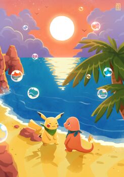 beach bilingual_commentary bird bubble charmander cloud cloudy_sky commentary crying day driftwoodwolf english_commentary fire flame-tipped_tail gen_1_pokemon horizon mixed-language_commentary nintendo no_humans no_lineart ocean open_mouth outdoors pikachu pokemon pokemon_(creature) pokemon_mystery_dungeon pokemon_mystery_dungeon:_explorers_of_time/darkness/sky sand shadow sky smile standing sun sunlight tail tears tree water